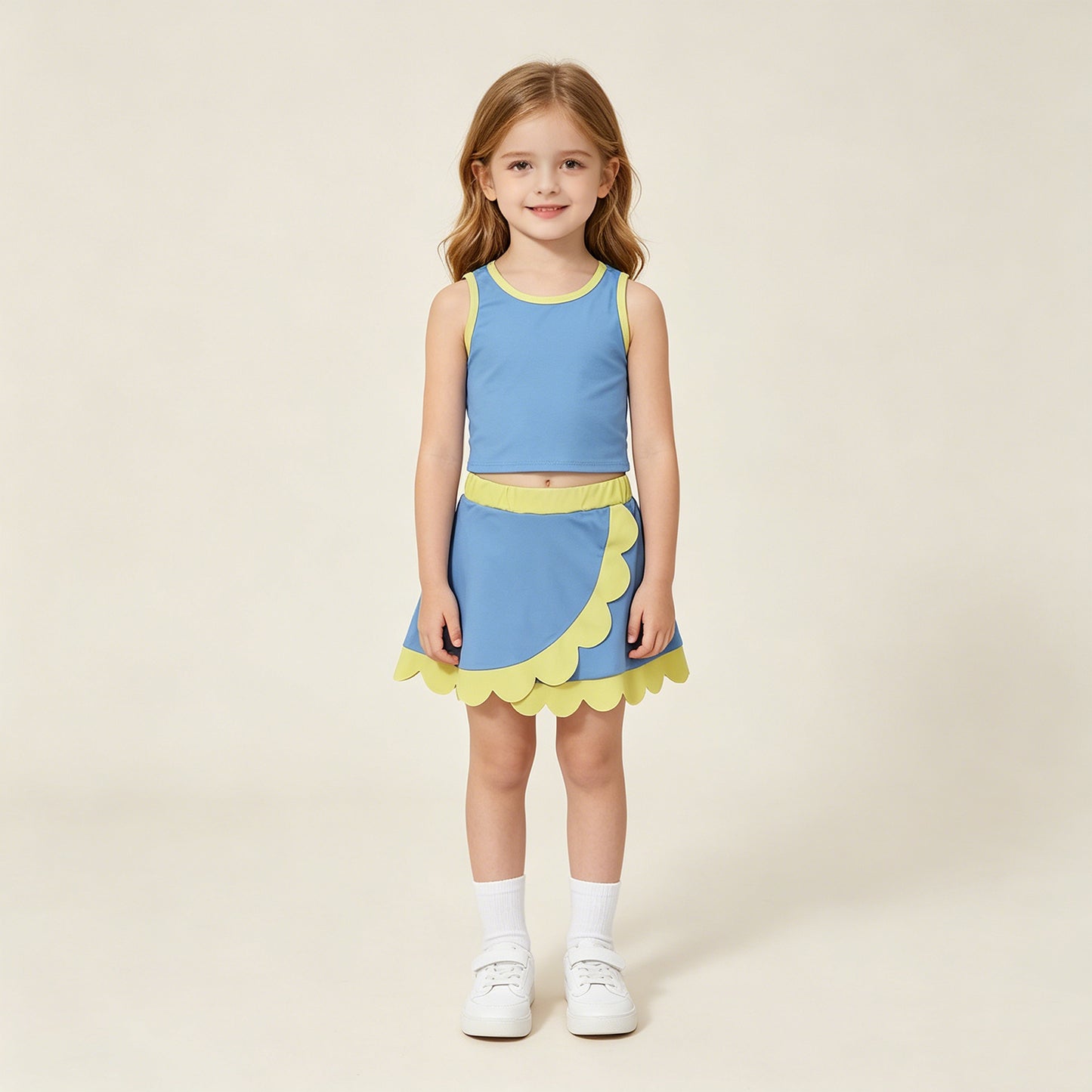 GSD4022 RTS NO MOQ （In stock）Sleeveless blue yellow scallop kids girls active wear set
