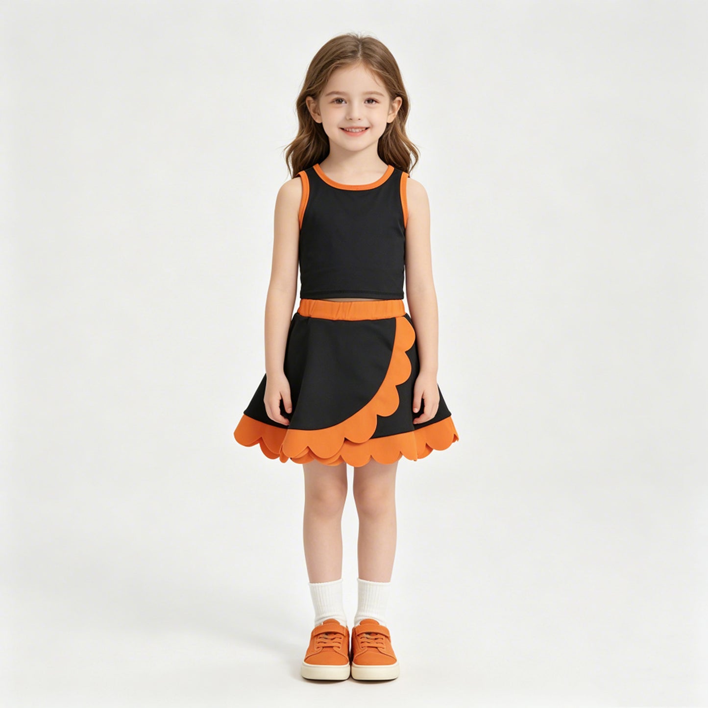 GSD4259 RTS NO MOQ （In stock）yoga fabric Sleeveless black top orange scallop girls active wear set）