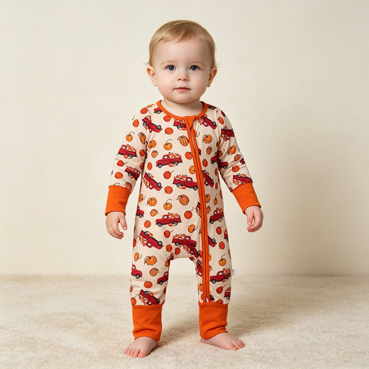 RTS NO MOQ milk silk LR3234 Baby Boys Pumpkins Trucks Fall Two Way Zip Convertible Romper