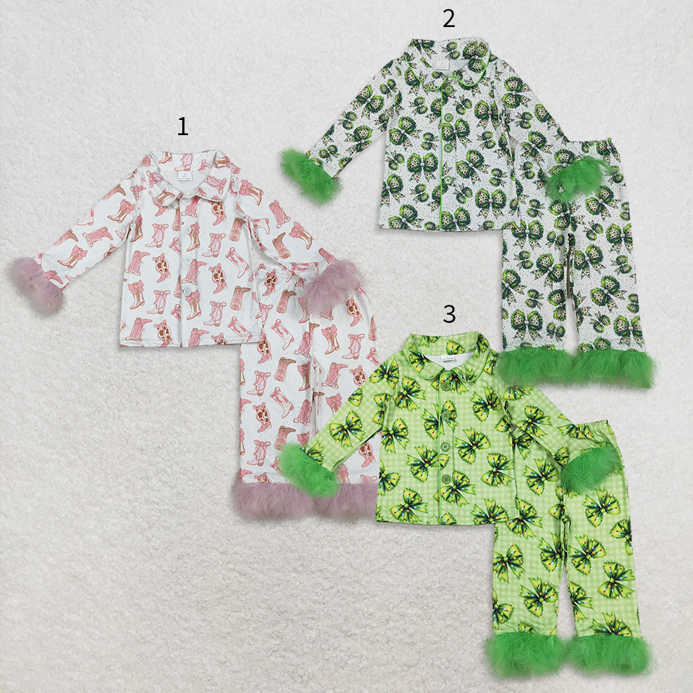 10.15 RTS Sibling Baby Girls Sister Christmas Green Face Bows Buttons Top Pants Fur Pajamas Clothes Sets