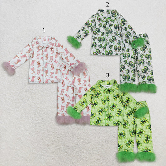 10.15 RTS Sibling Baby Girls Sister Christmas Green Face Bows Buttons Top Pants Fur Pajamas Clothes Sets