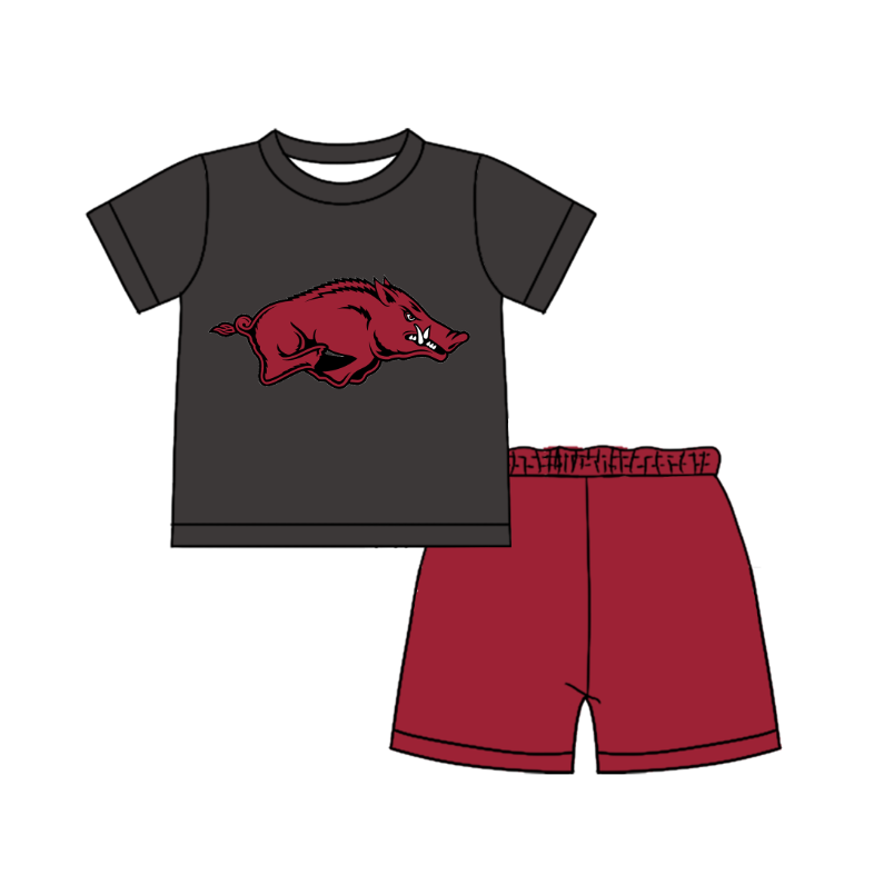 CUSTOM MOQ 5  Cute Comfortable Clothing For Boys Baby Boys Summer Dark Gray Red Top Lace-up Shorts Clothes Sets