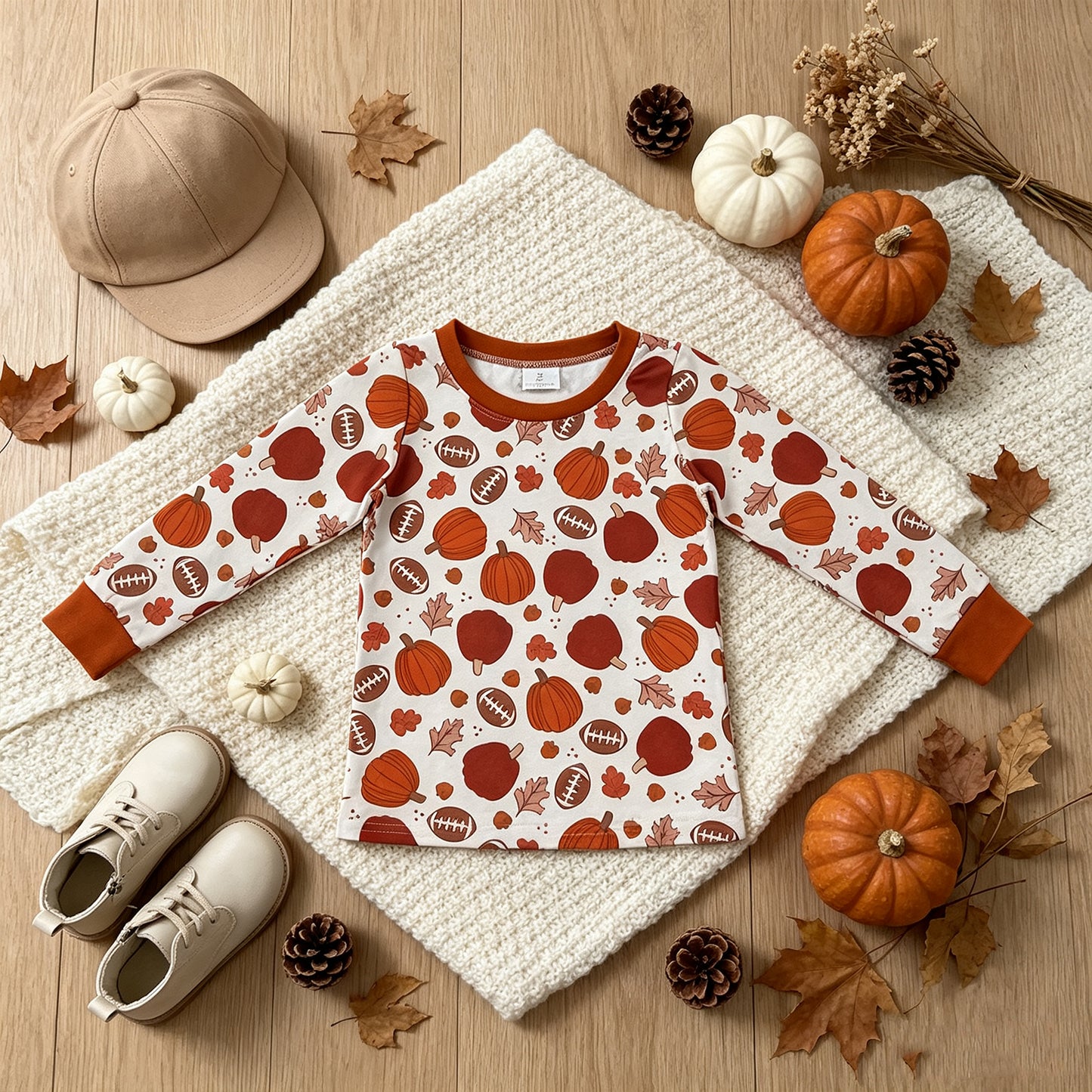 RTS NO MOQ （In stock）milk silk BT1928 Baby Boys Long Sleeve Footballs Pumpkins Leaves Print T Shirts Autumn Top
