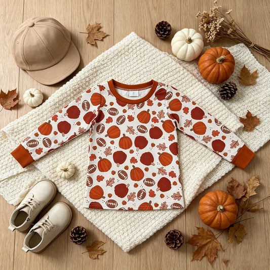 RTS NO MOQ （In stock）milk silk BT1928 Baby Boys Long Sleeve Footballs Pumpkins Leaves Print T Shirts Autumn Top