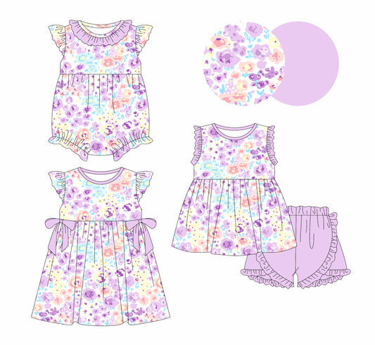 FLOWERSRuffle sleeveless lavender floral tunic shorts girls clothes