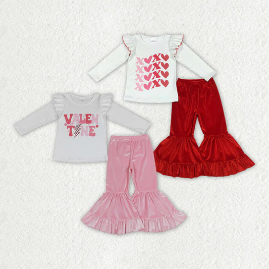 RTS Sibling Baby Girls Winter Outfits White Valentines Shirt Top Velvet Bell Pants Clothes Sets