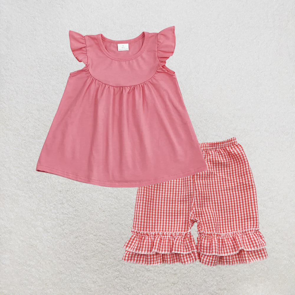 6.1 RTS NO MOQ （In stock）GT0462+SS0064 Lavender flutter sleeves cotton baby girls shirt with ruffle pockets summer cotton shorts（副本）