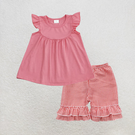 6.1 RTS NO MOQ （In stock）GT0462+SS0064 Lavender flutter sleeves cotton baby girls shirt with ruffle pockets summer cotton shorts（副本）