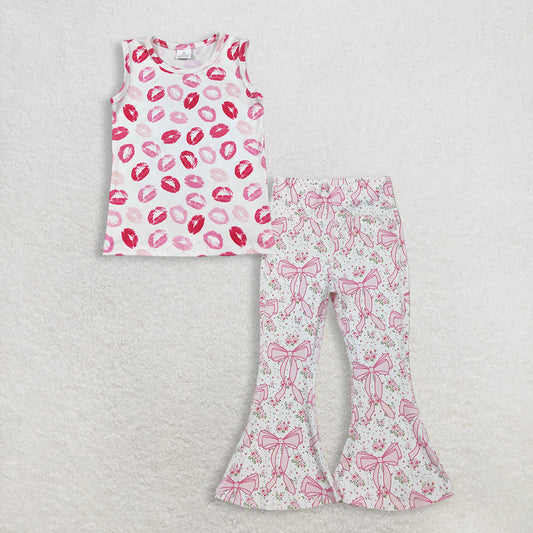 3.13 RTS NO MOQ （In stock）GT1419+ P0773 Baby Girls Sleeveless Pink Valentines Vest Tops Floral Bows Bell Bottom Yoga Active Pants