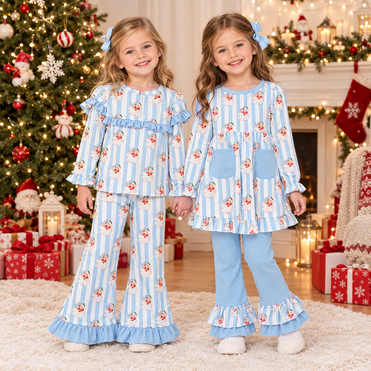RTS NO MOQ Sibling milk silk Baby Girls Blue White Stripe Santa Print Ruffle Long Sleeve Top And Bell Bottom Pants Christmas Outfit