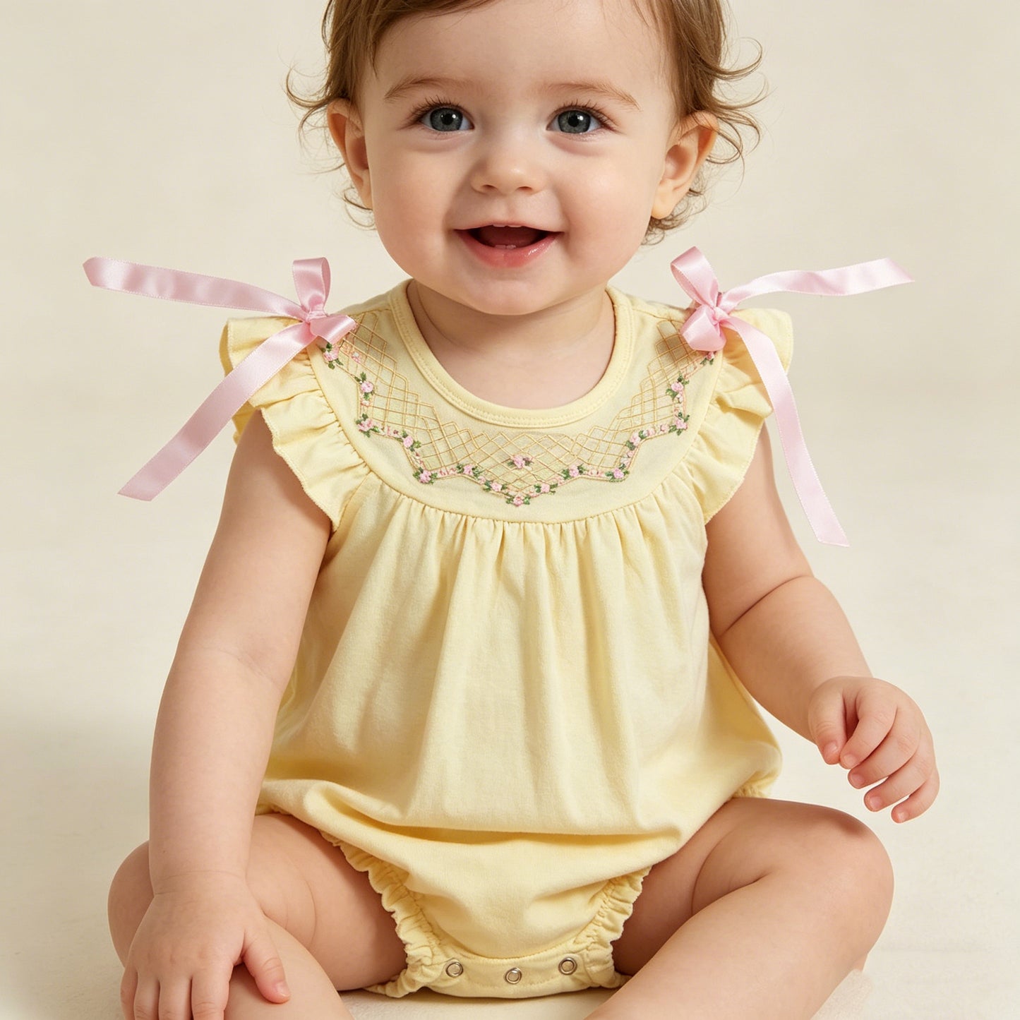 SR3561 RTS NO MOQ （In stock）Flutter sleeves yellow floral embroidery baby girls romper