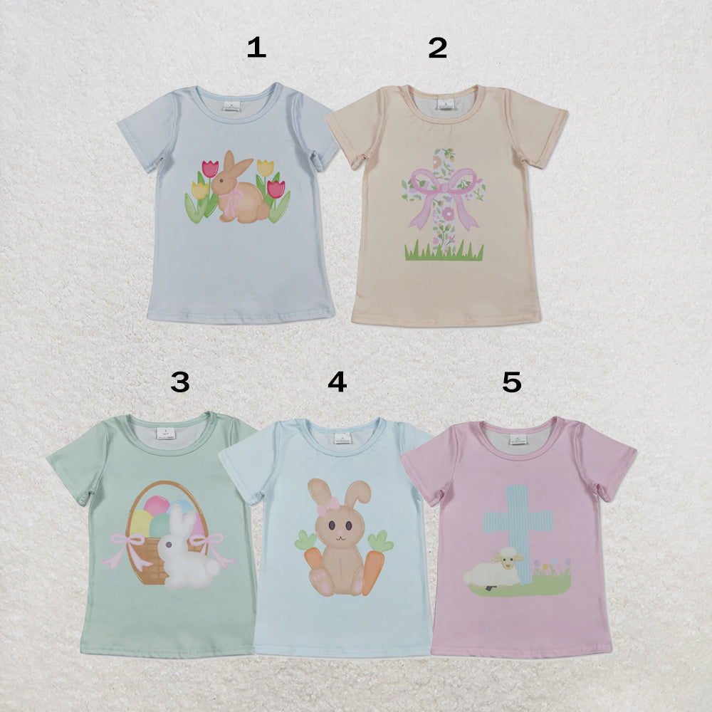 RTS Sibling Baby Girls Short Sleeve Flowers Cross Rabbits Eggs Easter T-shirts Tops