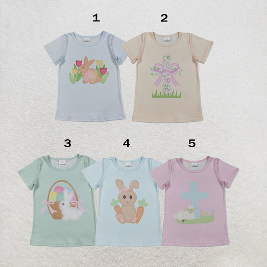 RTS Sibling Baby Girls Short Sleeve Flowers Cross Rabbits Eggs Easter T-shirts Tops
