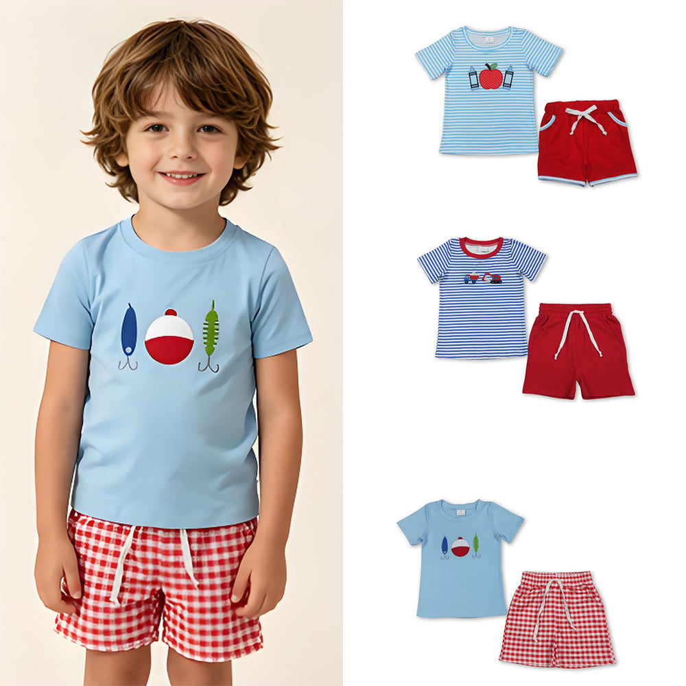 RTS Sibling Blue stripe baseball constructions top short boys outfits