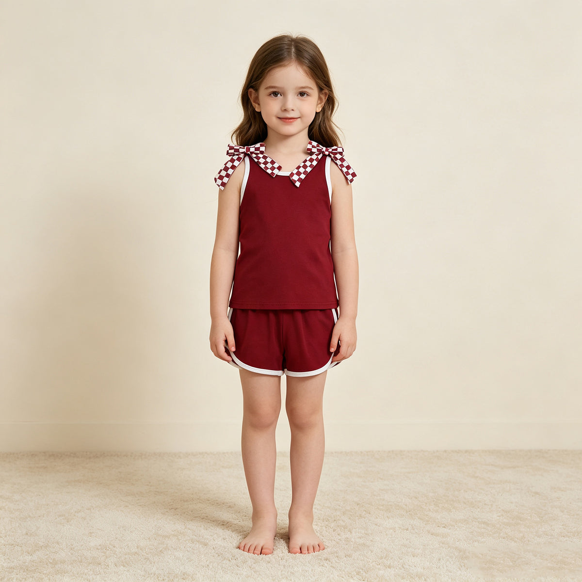 RTS NO MOQ （In stock）GSSO3859 milk silk Baby Girls Maroon Checked Bows Sleeveless Vest Short Clothes Sets