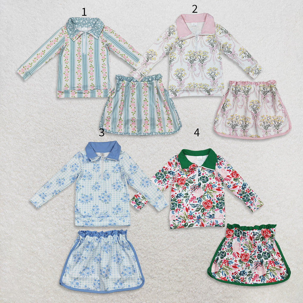 10.17 RTS Sibling Baby Girls Flowers Bows Zip Top Skirt Skort Bottoms Sets
