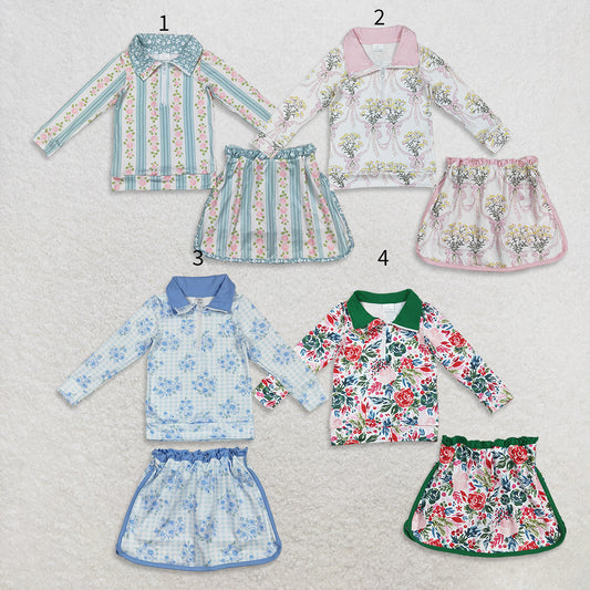 10.17 RTS Sibling Baby Girls Flowers Bows Zip Top Skirt Skort Bottoms Sets