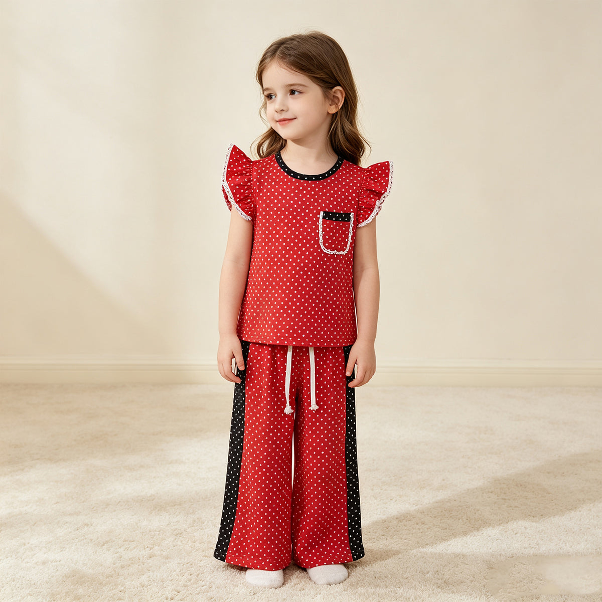 RTS NO MOQ （In stock）milk silk GSPO2370  Baby Girls Red Black Polka Dots Pocket Top Flare Pant Clothes Set