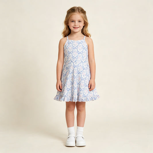 GSD2580 RTS NO MOQ （In stock ）Straps blue bows floral ruffle kids girls athletic dresses
