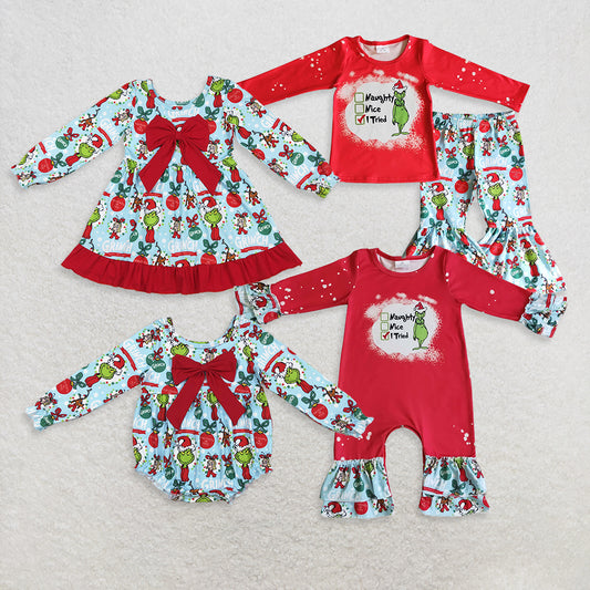 RTS Sibling Baby Girls Winter Outfits Naughty Or Nice Girls Green Face Christmas Theme Clothing Festive Green Outfit for Girls Christmas Day Or Party Wear