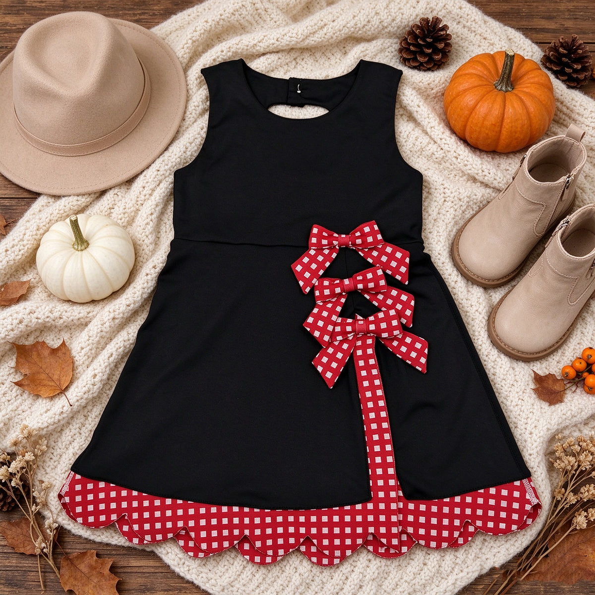 RTS NO MOQ （In stock）yoga fabric GSD4263 Yoga Baby Girls Black Red Scallop Trim Short Sleeve Knee Length Sport Dress