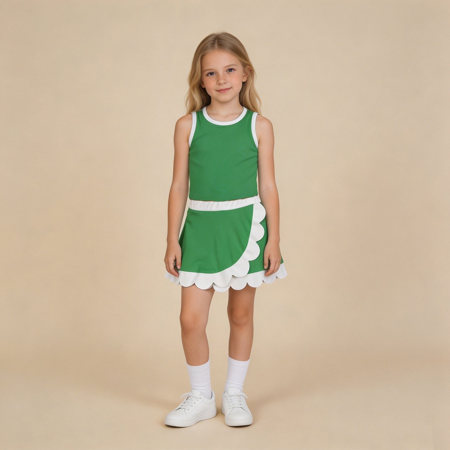 GSD4025 RTS NO MOQ （In stock ）Sleeveless green white scallop kids girls active wear set