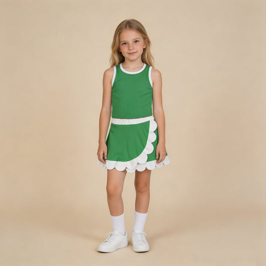 GSD4025 RTS NO MOQ （In stock ）Sleeveless green white scallop kids girls active wear set
