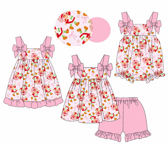 Girls Pink Straps Bow Tunic Short Set Strawberry Bow Design Cute Children's Clothing Outfit