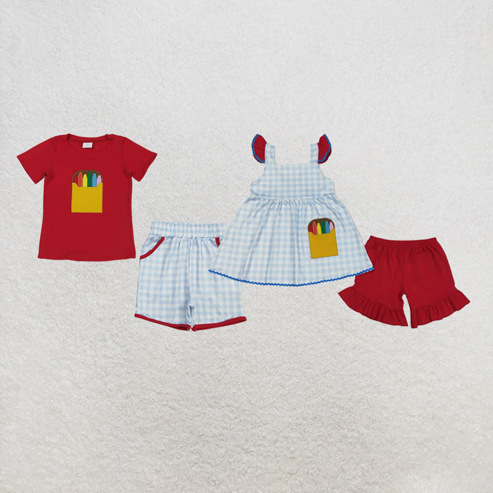 RTS Sibling Baby Boys Girls Embroidery Apple Pencils Pockets Short Back to School Sets