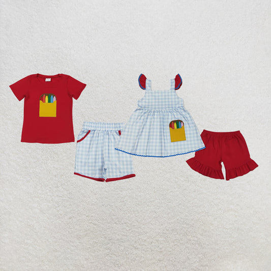 RTS Sibling Baby Boys Girls Embroidery Apple Pencils Pockets Short Back to School Sets