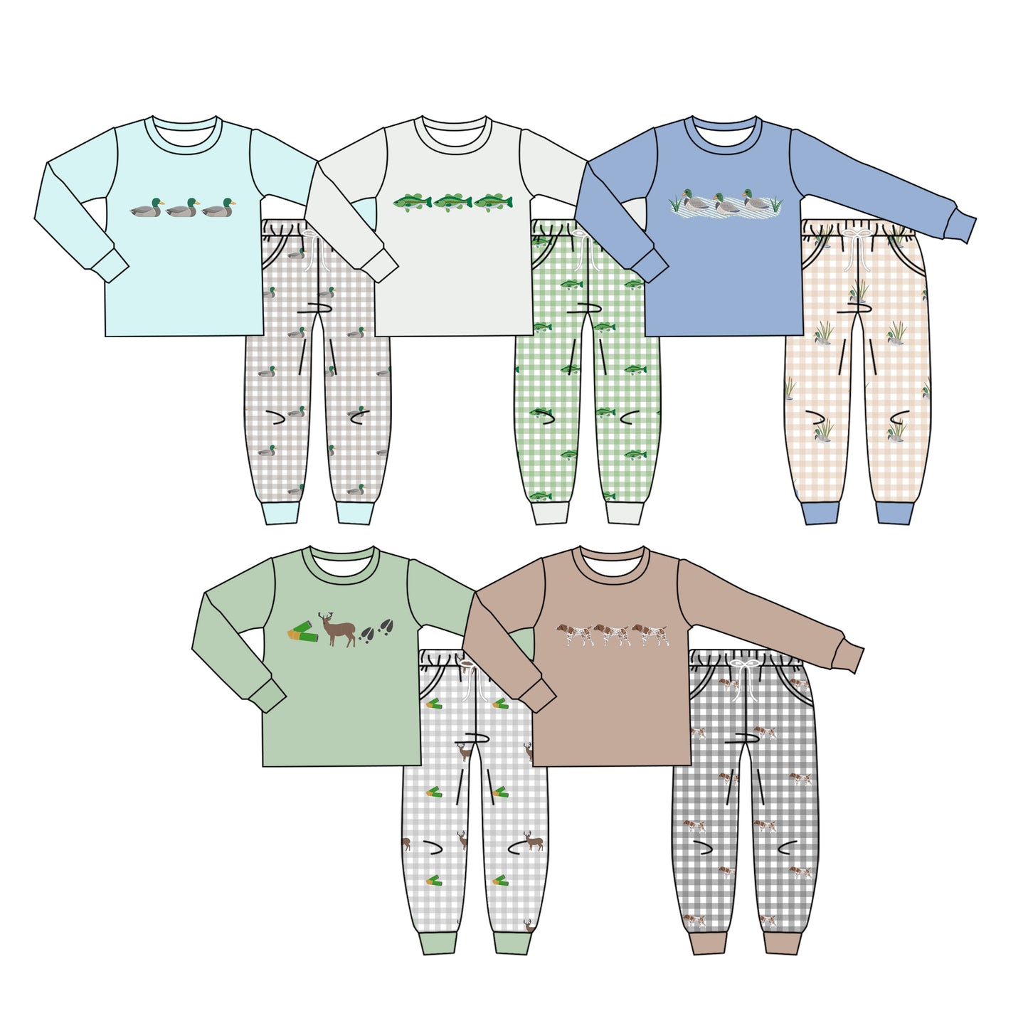 4.16 Pre order No Moq Baby Boys Aqua Ducks Checked Top Pockets Jogger Hunting Clothes Sets