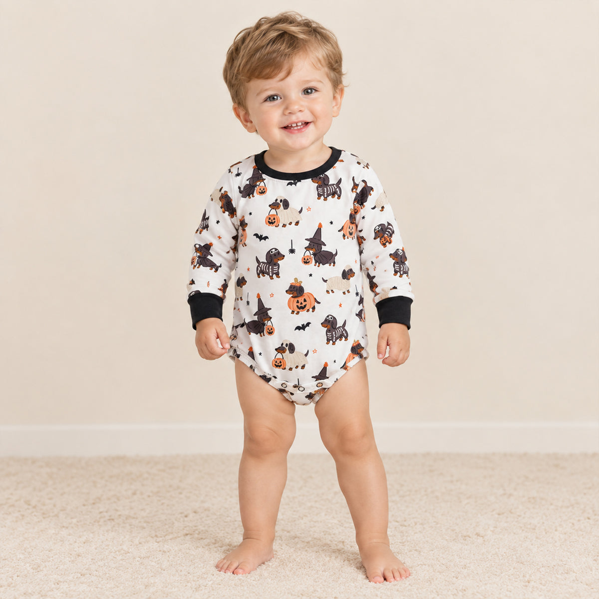 RTS NO MOQ milk silk LR3238 Baby Boys Long Sleeve Ghost Pumpkins Dogs Halloween Romper