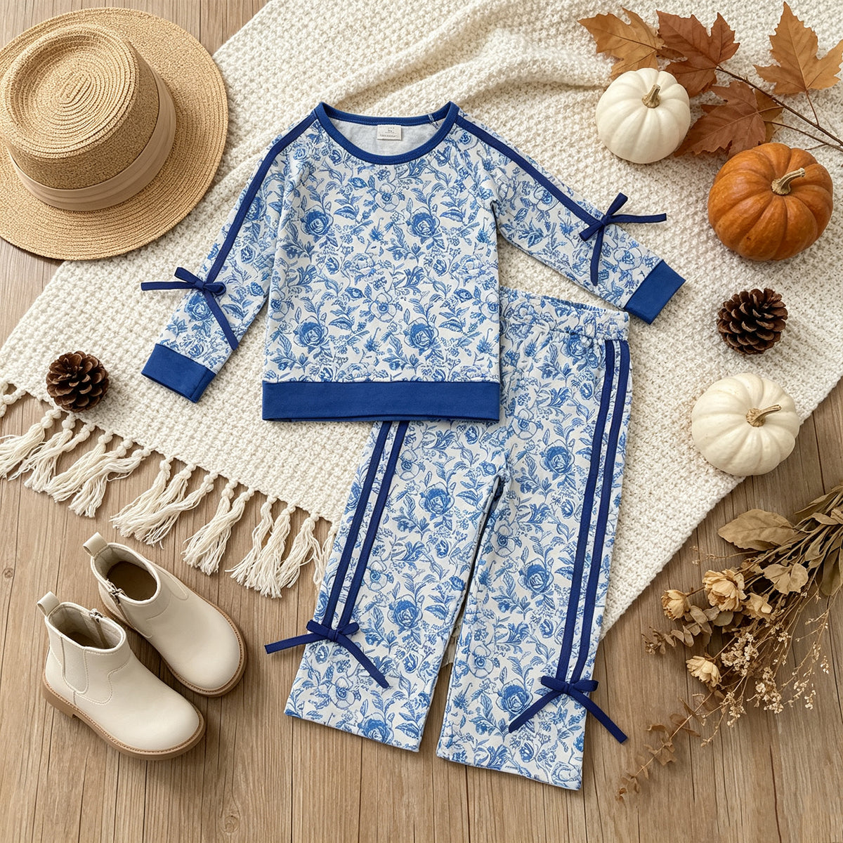 RTS NO MOQ milk silk GLP3364 Baby Girls Blue Flowers Top Bows Pockets Flare Pant Fall Clothes Sets
