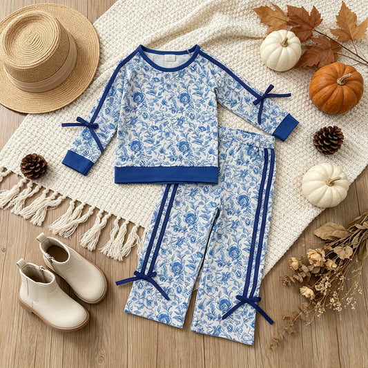 RTS NO MOQ milk silk GLP3364 Baby Girls Blue Flowers Top Bows Pockets Flare Pant Fall Clothes Sets