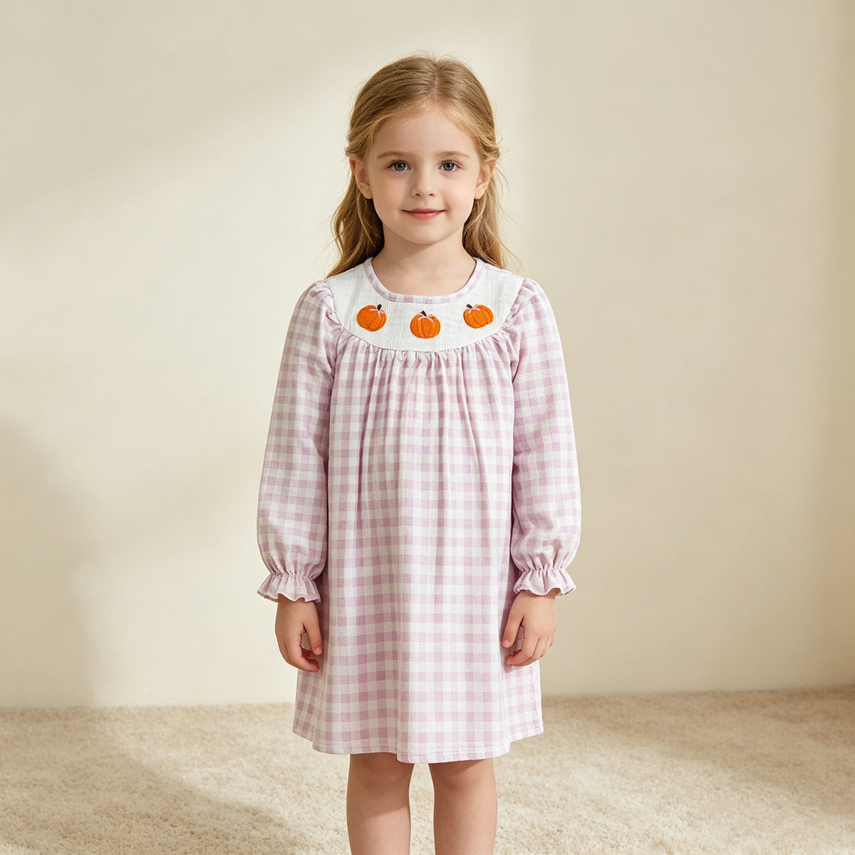 RTS NO MOQ （In stock）milk silk GLD1649 Smocked Pumpkins Baby Girls Pink Checked Fall Knee Length Dresses