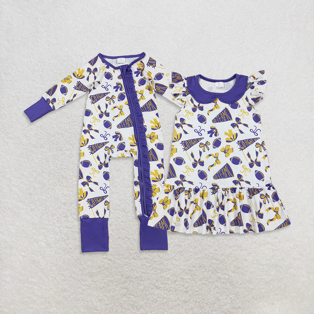 9.30 RTS Sibling Baby Girls Purple Bows Footballs Go Team Ruffle Zipper Romper Knee Length Dress