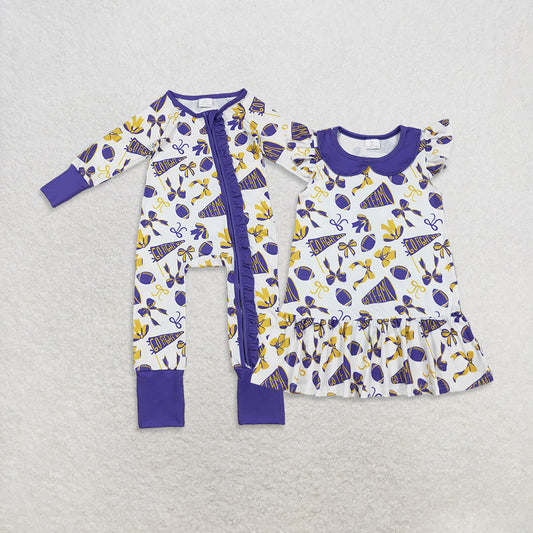 9.30 RTS Sibling Baby Girls Purple Bows Footballs Go Team Ruffle Zipper Romper Knee Length Dress