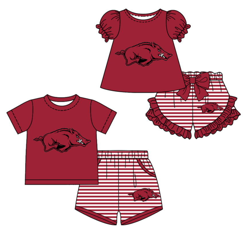 CUSTOM MOQ 5 Sibling Boys Baby Girls Dark Red Top Stripe Shorts Clothes Sets