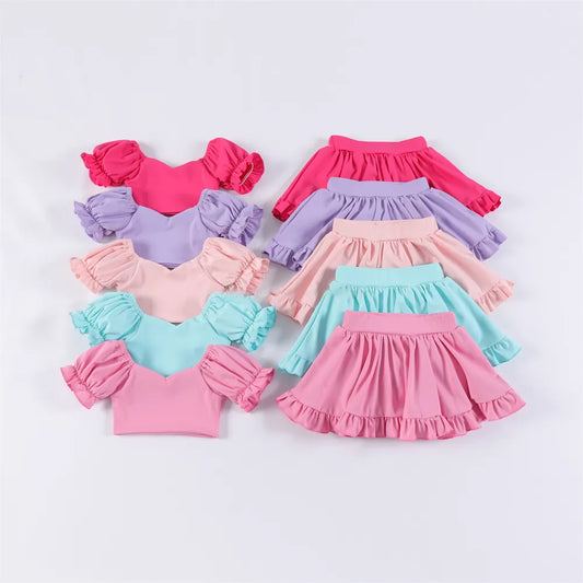 Cute Lavender Active Set for Little Girls - Short Sleeve Crop Top and Ruffle Trim Skirt