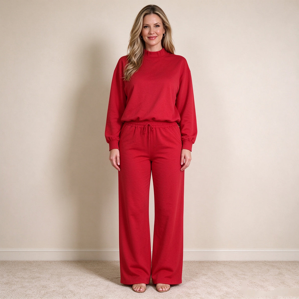 RTS NO MOQ  cotton GLP3417 Adult Women Red Long Sleeve Top And Flare Pant Fall Pajamas Casual Set