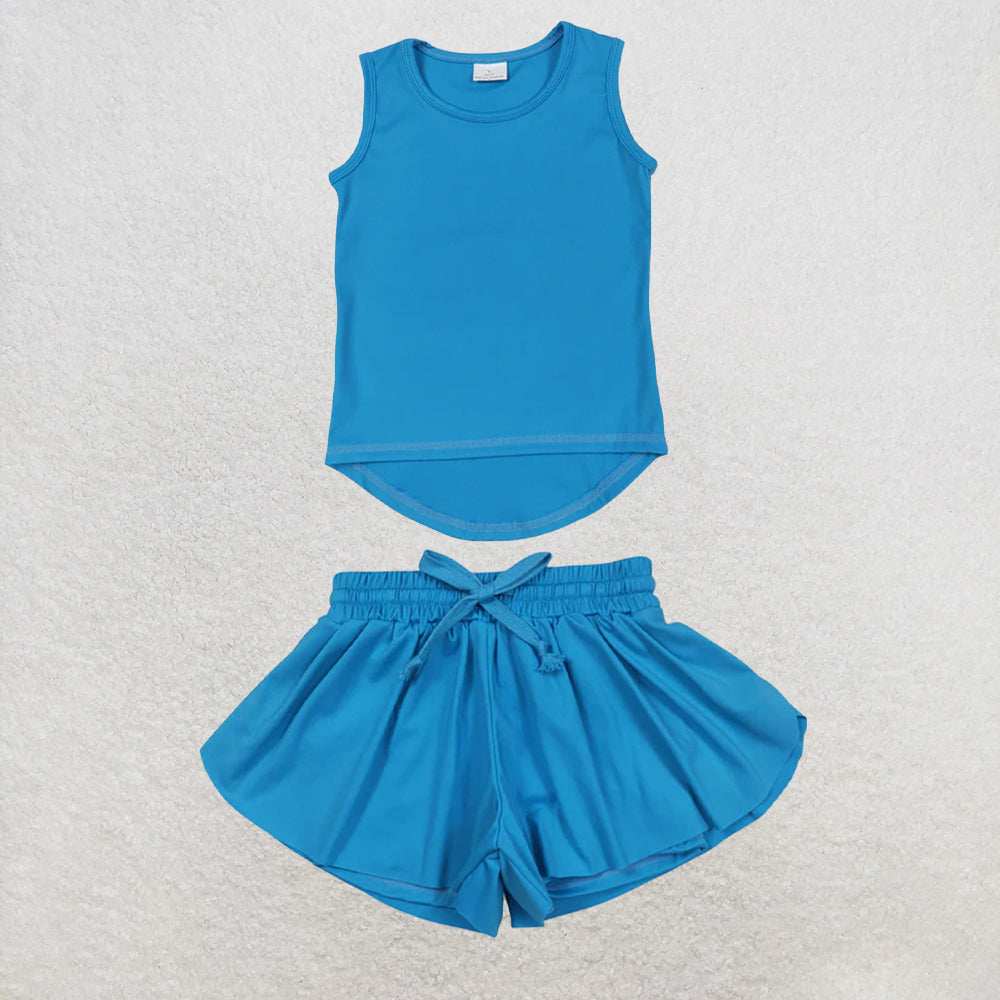 5.25 RTS NO MOQ （In stock）GT0986+SS0549 Blue sleeveless kids girls activewear top with activewear summer yoga shorts