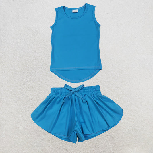 5.25 RTS NO MOQ （In stock）GT0986+SS0549 Blue sleeveless kids girls activewear top with activewear summer yoga shorts
