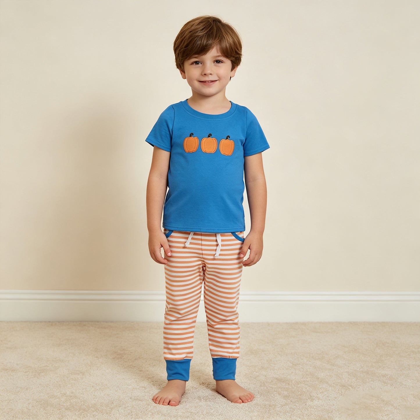 RTS NO MOQ （In stock）milk silk  BSPO0693 Embroidery Pumpkins Baby Boys Top Stripe Pockets Jogger Fall Clothes Sets