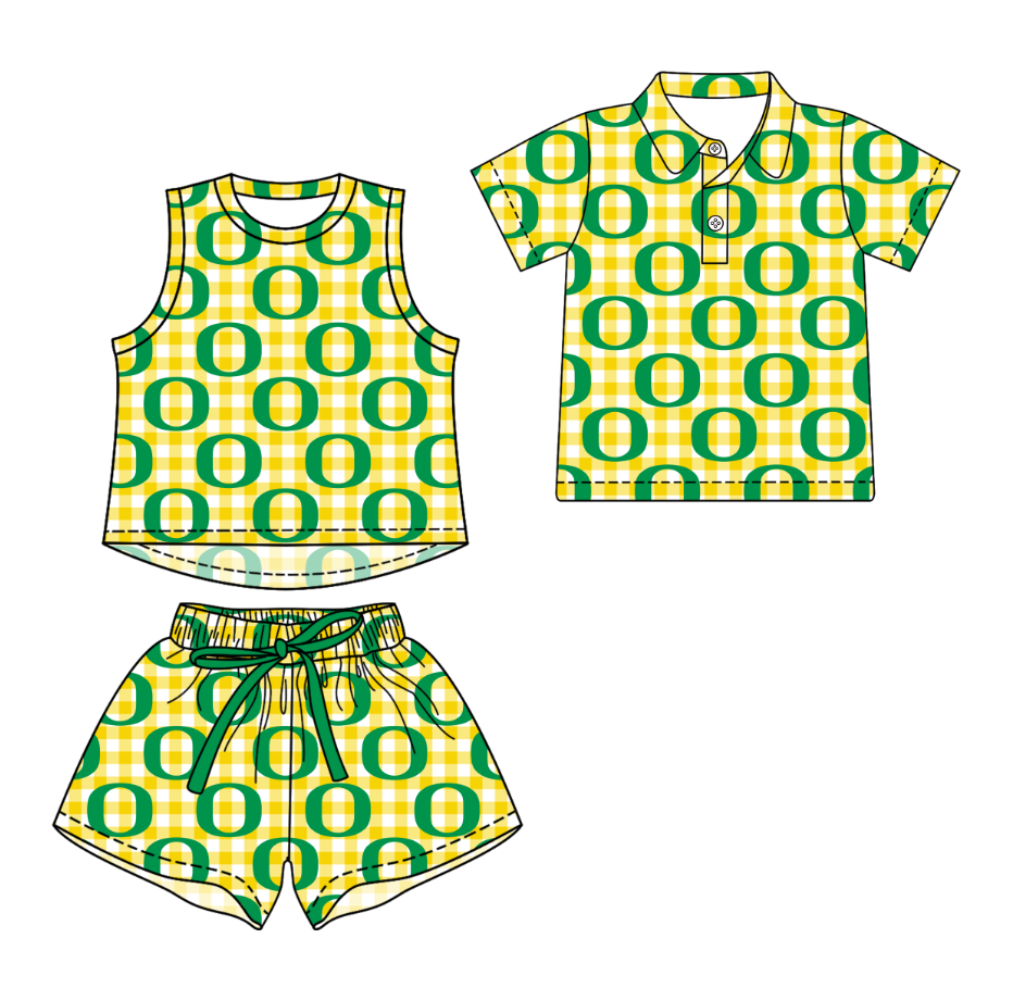 3.16 CUSTOM MOQ 5 Sibling Boys Baby Girls Summer Fashion Yellow Check Green O Sleeveless Top Shorts Button Polo Shirts Team Clothes Sets