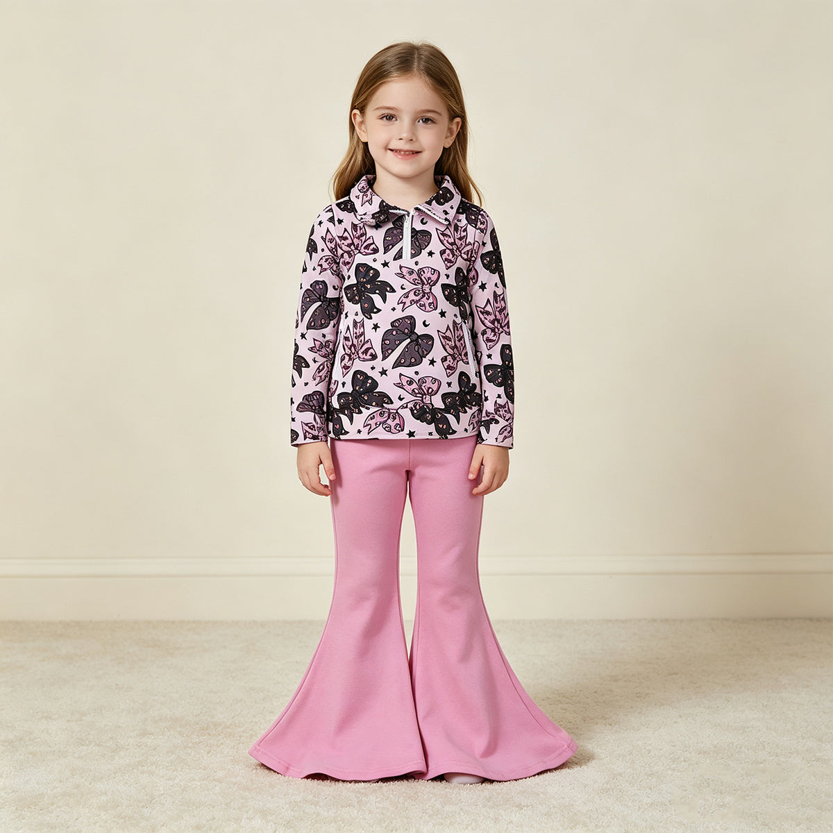 RTS NO MOQ （In stock）milk silk GLP3507 Baby Girls Bats Bows Zip Pockets Pullovers Flare Pant Halloween Clothes Set