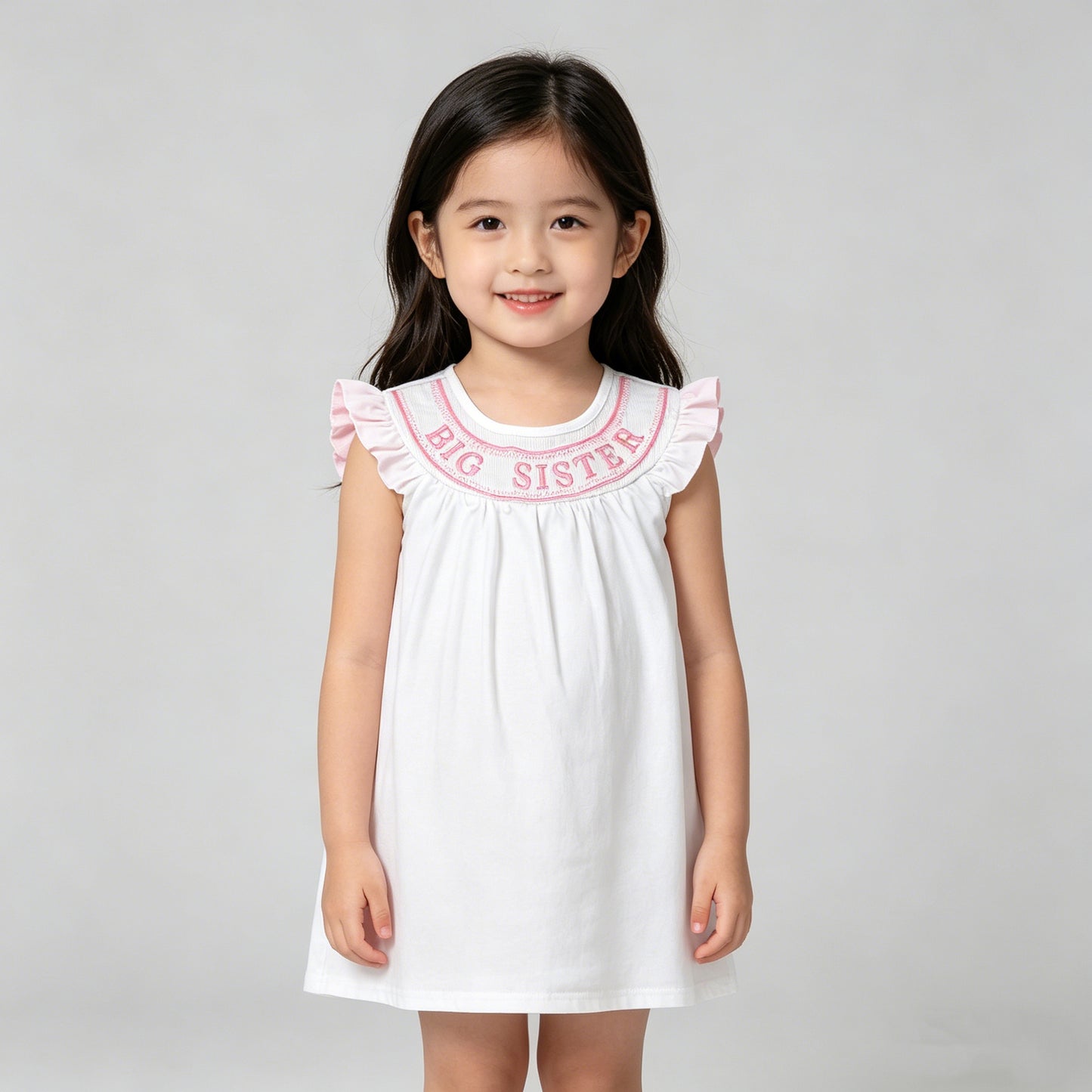 4.14 GSD3154 RTS NO MOQ （In stock）White flutter sleeves big sister smocked girls dresses