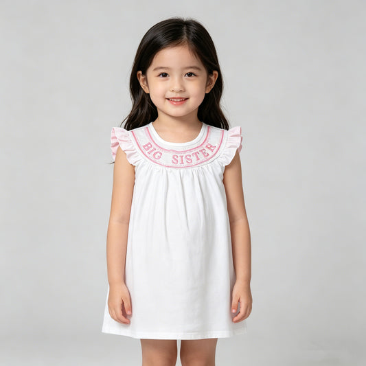 4.14 GSD3154 RTS NO MOQ （In stock）White flutter sleeves big sister smocked girls dresses
