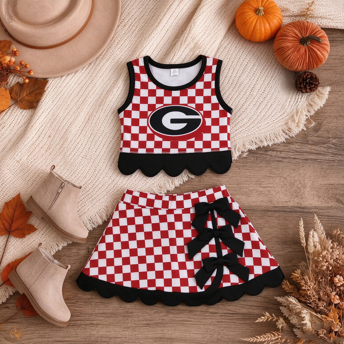 RTS NO MOQ yoga fabric GSD4287 Yoga Baby Girls Checked Top Bows Skirt Short Scallop Team Set