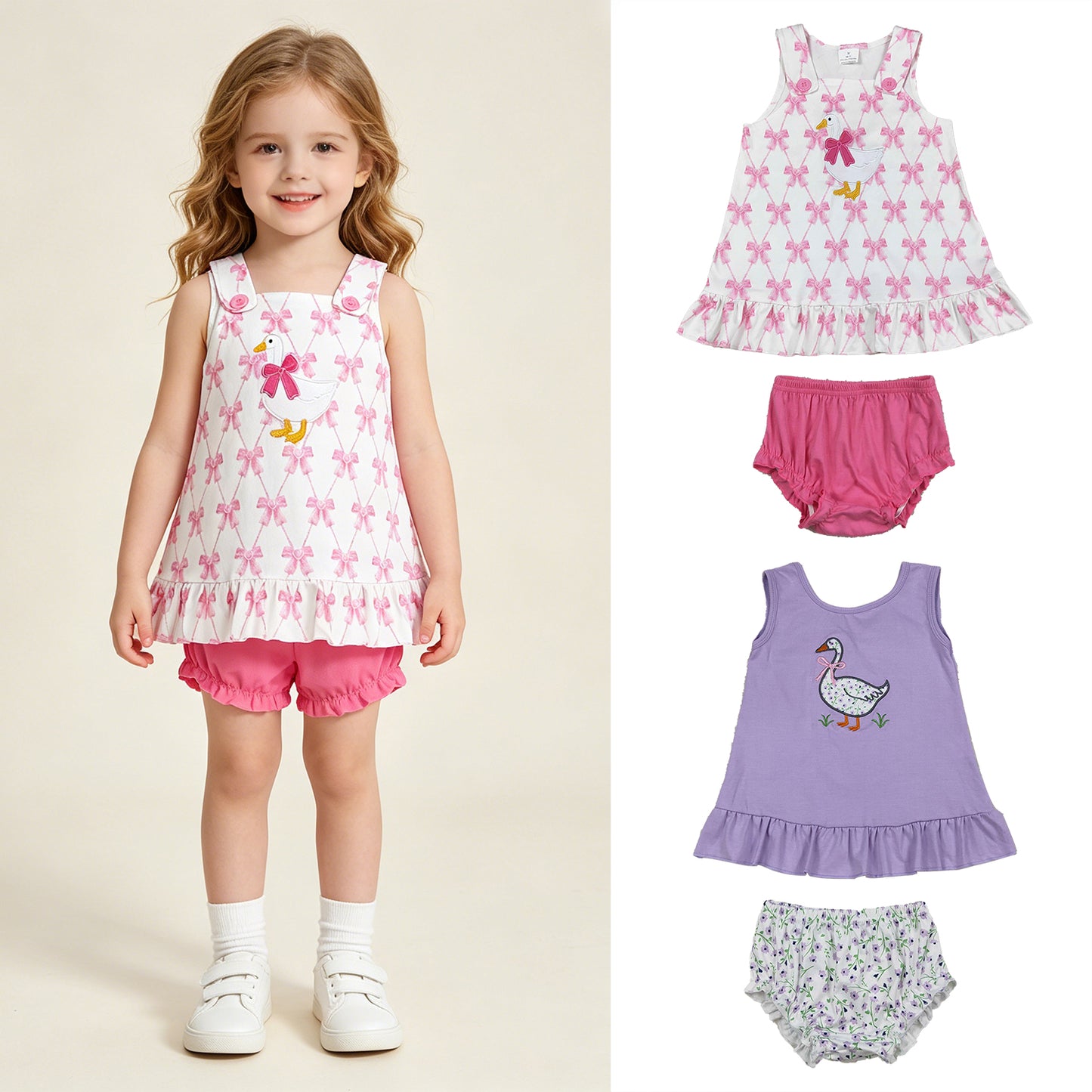 RTS Sibling Lavender floral and pink bow goose top bummies baby girls set