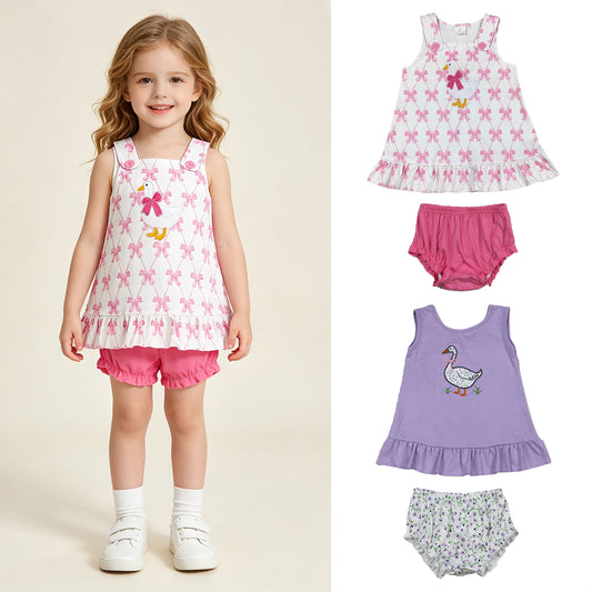 RTS Sibling Lavender floral and pink bow goose top bummies baby girls set